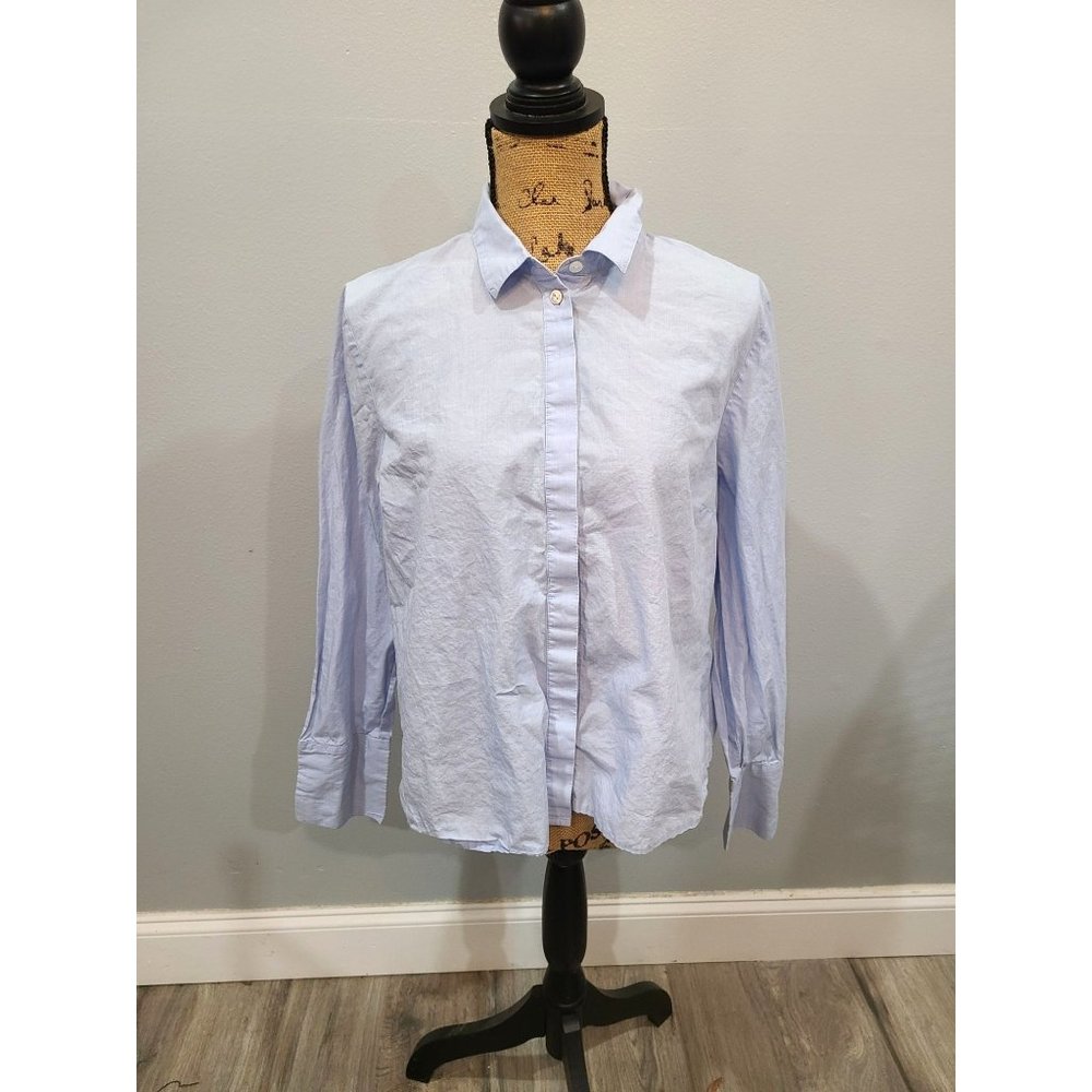 J. Jill Shirt Women's Large Light Blue Button Up Classic Cotton Office Staple